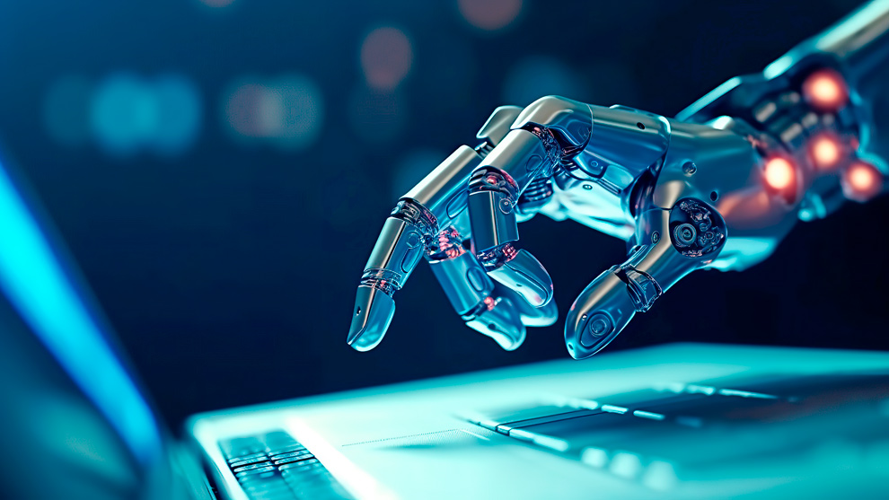 Um braço robótico metálico toca um teclado iluminado em azul, simbolizando tecnologia avançada e inteligência artificial.