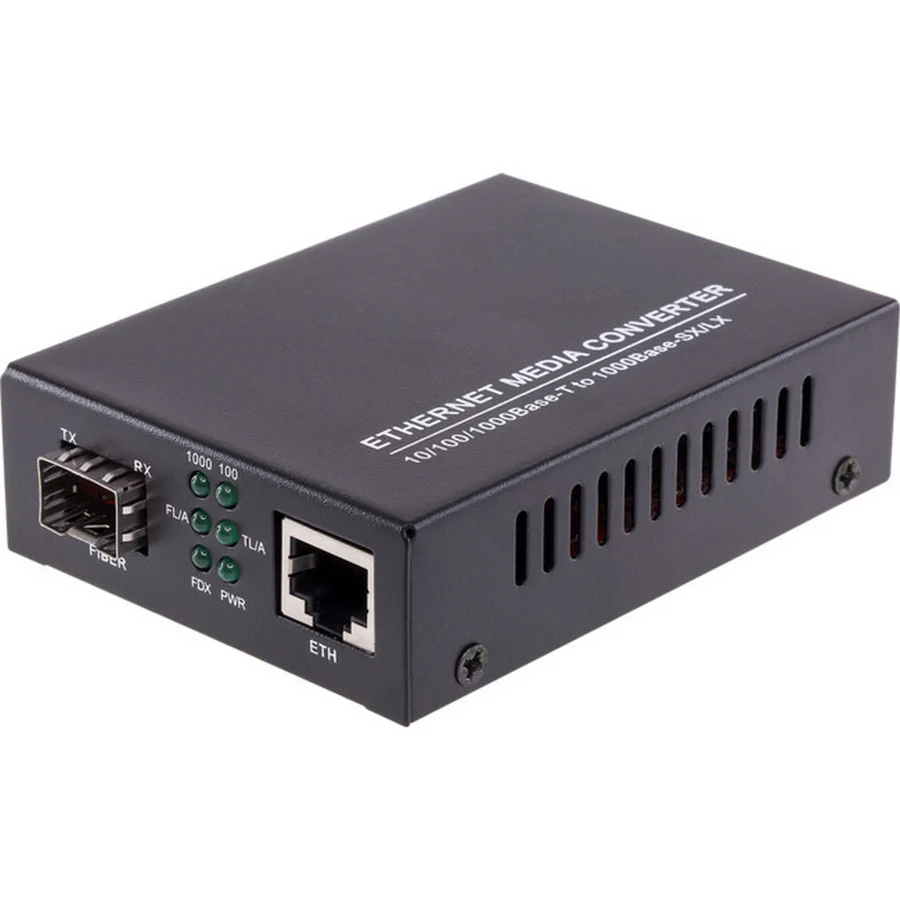 Conversor de mídia Ethernet com porta RJ45 e slot SFP, usado para converter sinal de rede entre cabos de cobre e fibra óptica.